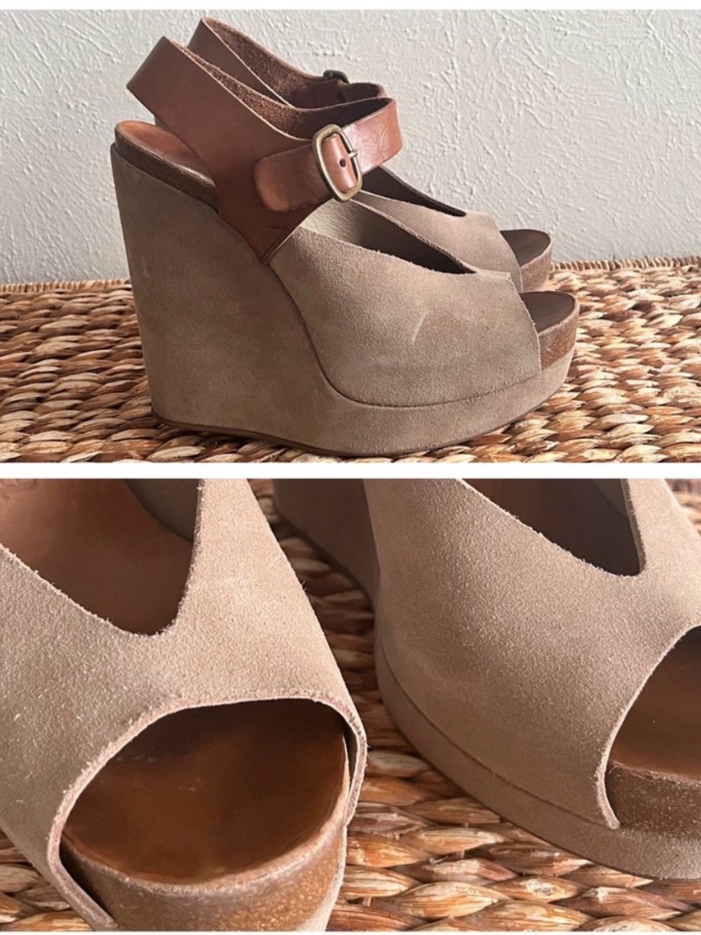 Pedro Garcia Taupe Suede Wedge Sandals with Brown Leather Strap